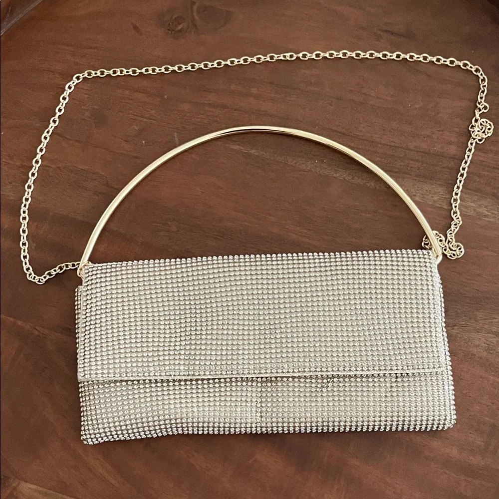 Crystal-Embellished Evening Clutch - Gold Chain Handle